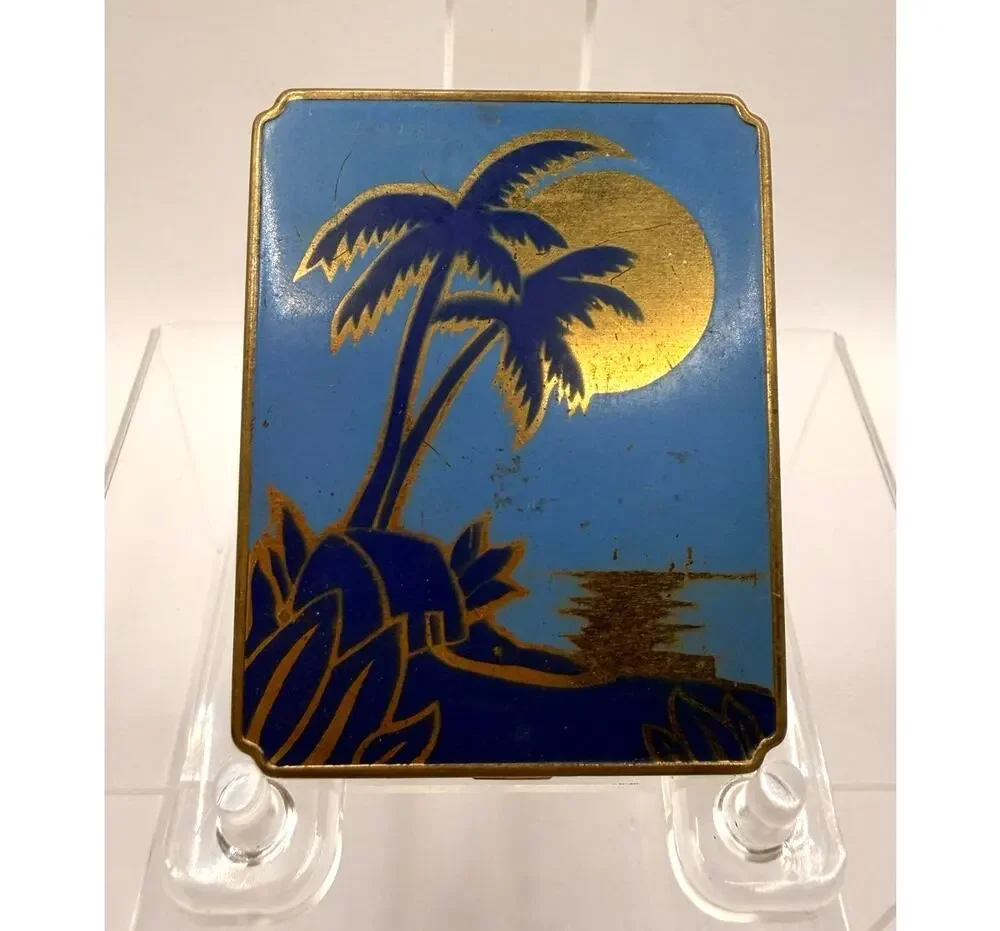 Vintage Inlay Enameled & Brass Makeup Compact Case W/Seaside Design
